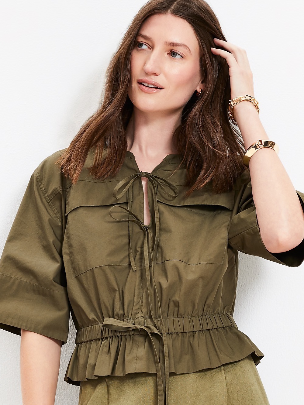 Poplin Safari Peplum Olive Tie-Front Utility Top Size LP